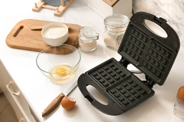 Waffle Iron Ingredients Cooking Kitchen Table — Stock Photo, Image