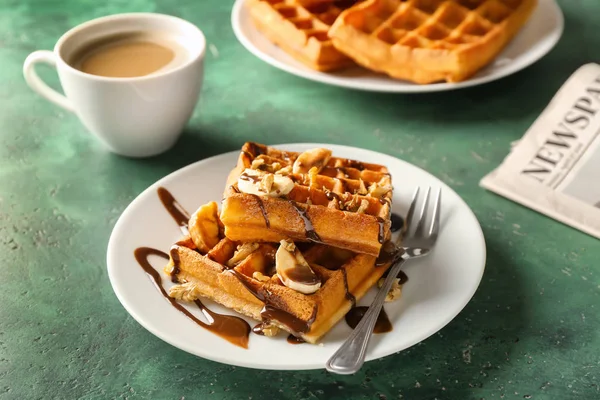 Delicious Waffles Banana Slices Chocolate Sauce Color Table — Stock Photo, Image