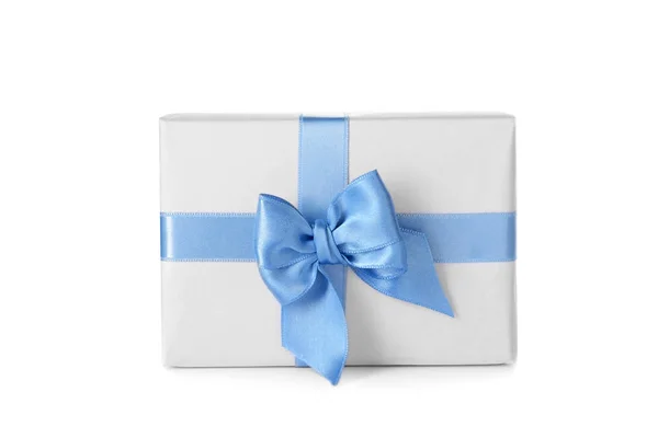 Κουτί Δώρου Μπλε Κορδέλα Λευκό Φόντο — Φωτογραφία Αρχείου