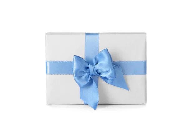 Gift Box Blue Ribbon White Background — Stock Photo, Image