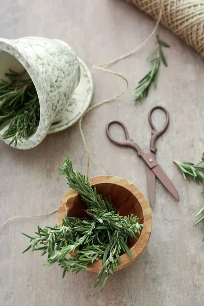 Wooden Bowl Fresh Rosemary Twigs Table Top View — Stock Photo, Image