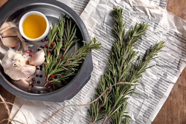 Composition Fresh Rosemary Wooden Table — Stock Photo, Image