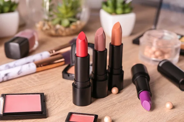 Set Lipsticks Wooden Table — Stock Photo, Image