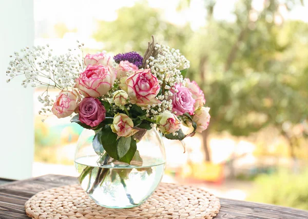 Vase Beautiful Flowers Wooden Table — Stock Photo, Image