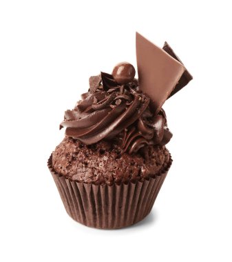 Beyaz arka planda lezzetli çikolatalı kek.