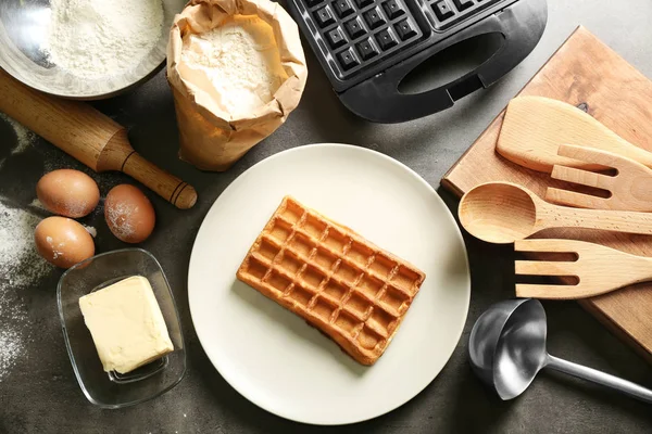 Plate Delicious Freshly Baked Homemade Waffle Ingredients Table — Stock Photo, Image
