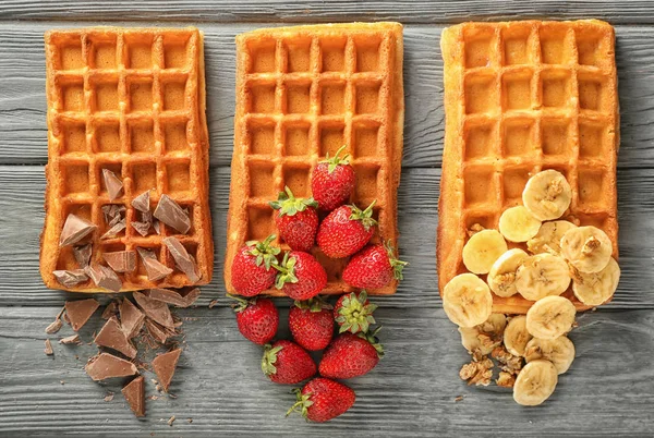 Delicious Waffles Banana Berries Chocolate Wooden Background Flat Lay — Stock Photo, Image