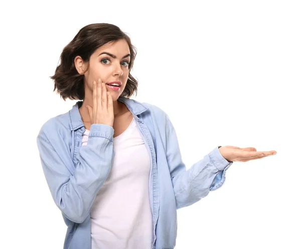 Portrait Surprised Young Woman Holding Something White Background — Stock Photo, Image