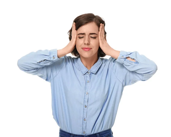 Portrait Beautiful Young Woman Suffering Headache White Background — Stock Photo, Image