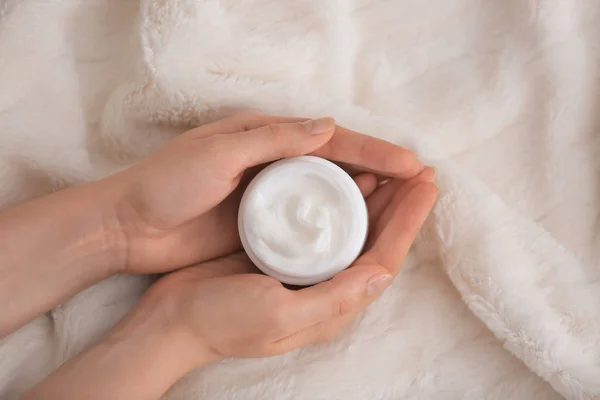 Woman Holding Jar Body Cream Fluffy Fabric Closeup — Stock Photo, Image