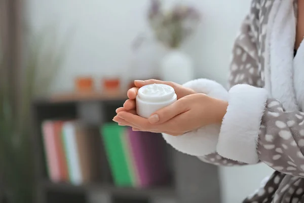 Woman Jar Body Cream Home Closeup — Stock Photo, Image