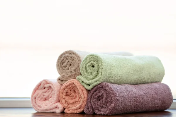 Rolled Clean Soft Towels Windowsill — Stock Photo, Image