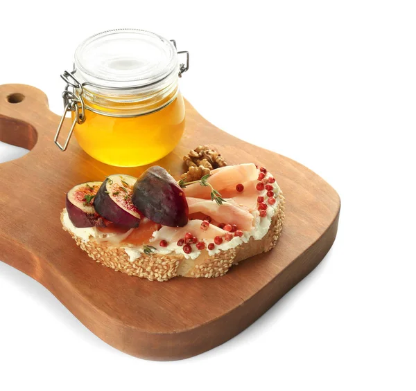 Tasty Sandwich Ripe Fig Honey White Background — Stock Photo, Image