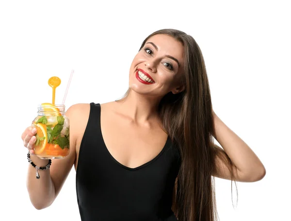 Beautiful Woman Holding Mason Jar Tasty Summer Cocktail White Background — Stock Photo, Image