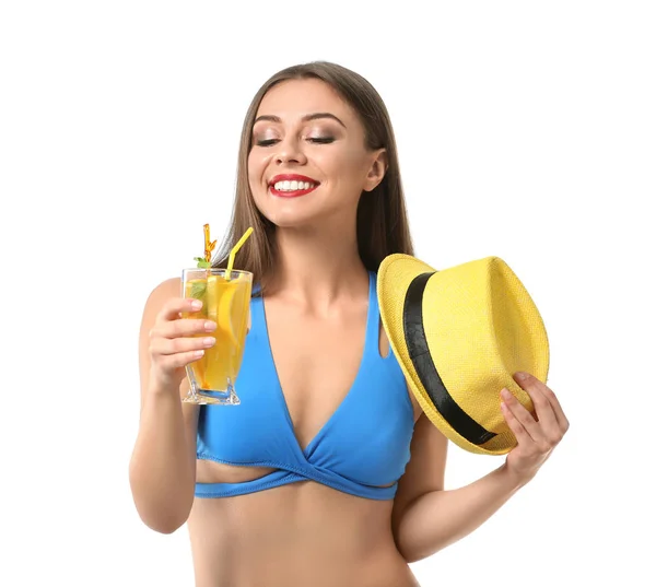 Beautiful Woman Swimming Suit Tasty Summer Cocktail White Background — Stock Photo, Image