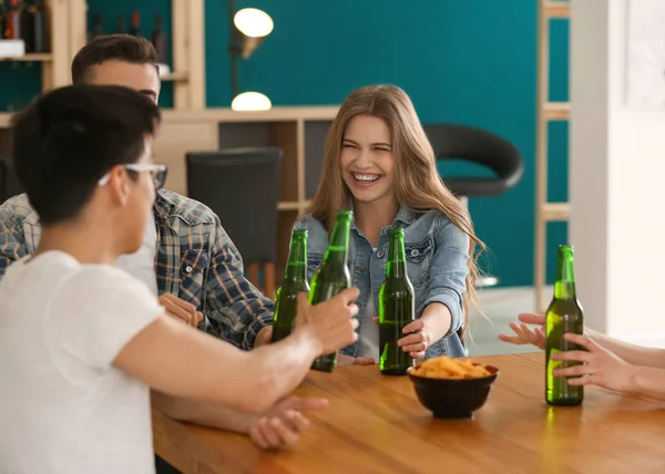 Group Cheerful Friends Drinking Beer Bar — Stock Photo, Image