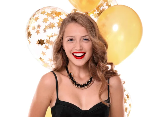 Beautiful Young Woman Balloons White Background — Stock Photo, Image