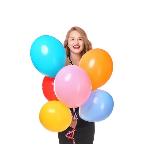 Mooie Jonge Vrouw Met Ballonnen Witte Achtergrond — Stockfoto