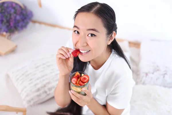 Asian Woman Eating Healthy Fruit Salad Home — Stock Photo, Image