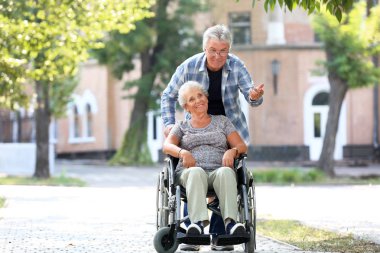 Tekerlekli sandalye ve kocası açık havada kadın kıdemli