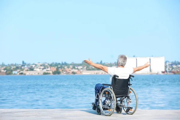Happy Senior Man Wheelchair River — Stock Photo, Image