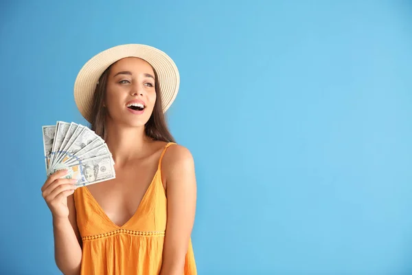 Happy Young Woman Money Color Background — Stock Photo, Image