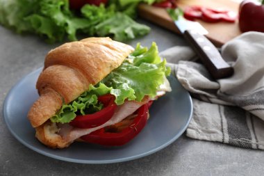 Lezzetli kruvasan sandviç gri tablo ile plaka