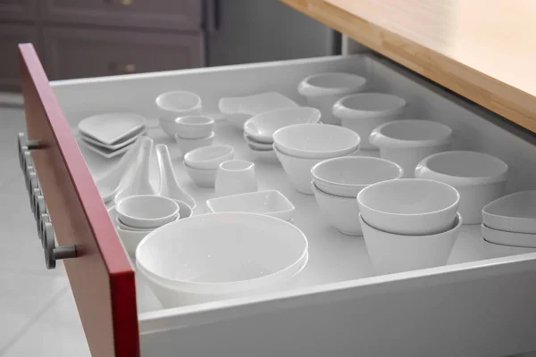 Set Clean Dishes Kitchen Drawer — Stock Photo, Image