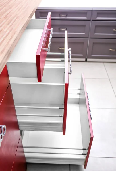 Open Empty Kitchen Drawers — Stock Photo, Image