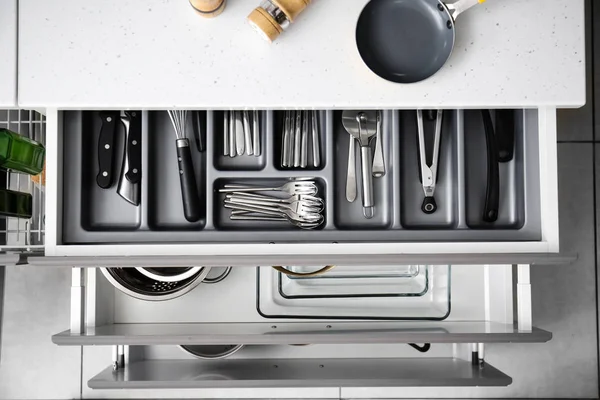 Set Clean Kitchenware Utensils Drawers — Stock Photo, Image