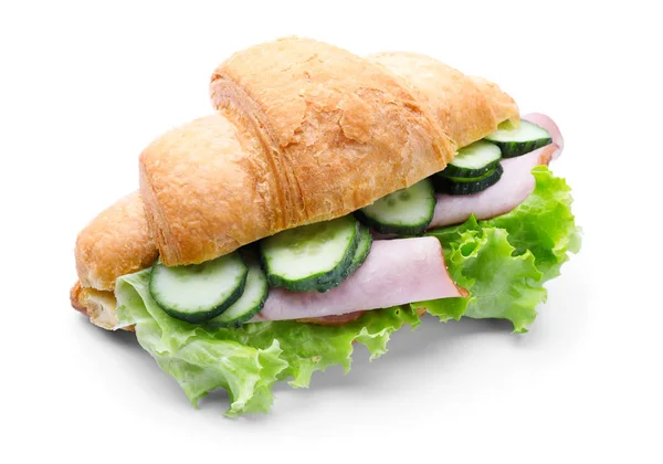 Leckeres Croissant Sandwich Mit Fleisch Auf Weißem Hintergrund — Stockfoto