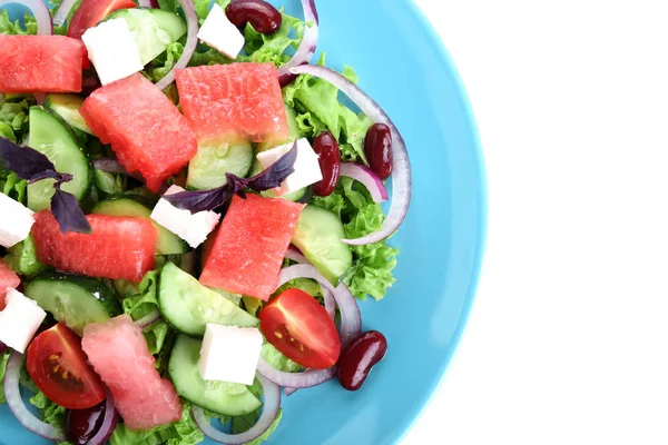 Placa Con Deliciosa Ensalada Sandía Sobre Fondo Blanco — Foto de Stock