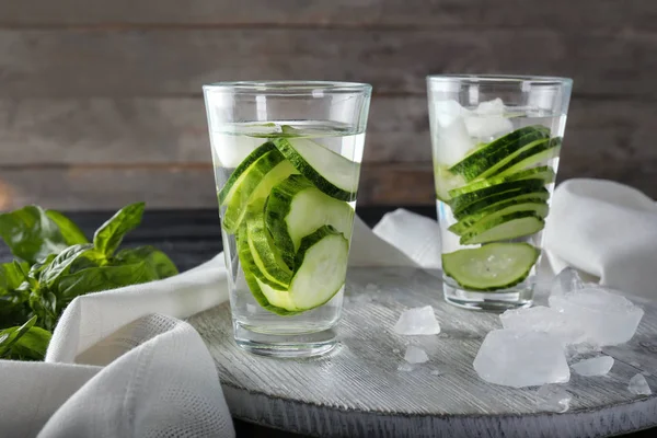 Glasses Fresh Cucumber Water Wooden Board — Stock Photo, Image