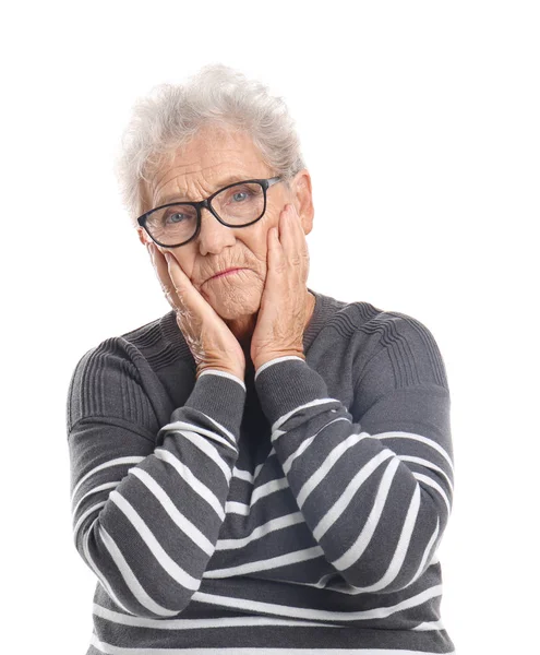 Depresso Donna Anziana Sfondo Bianco — Foto Stock