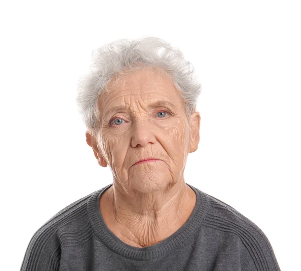 Depressieve Oudere Vrouw Witte Achtergrond — Stockfoto