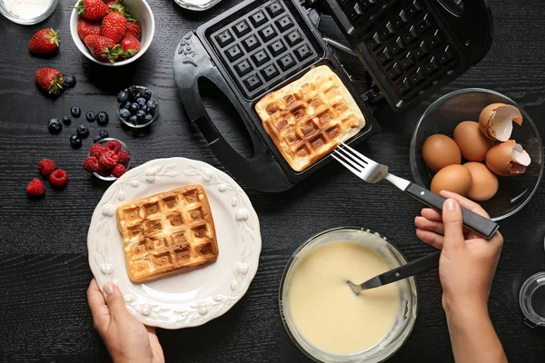 Woman Taking Fresh Wafers Out Waffle Iron Kitchen — Stock Photo, Image