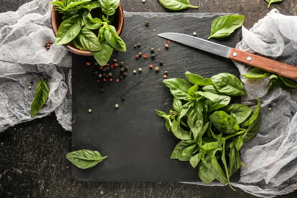 Fresh Green Basil Spices Slate Plate — Stock Photo, Image