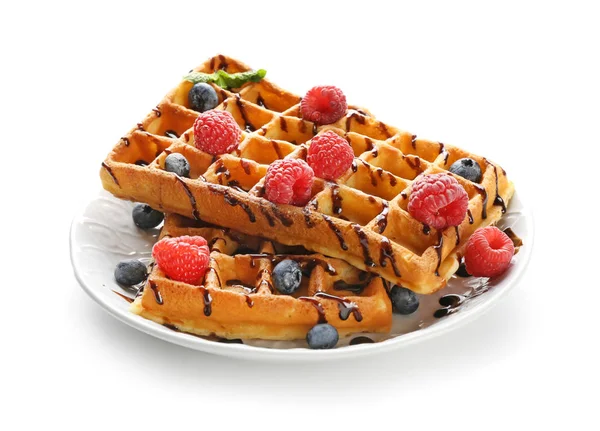 Delicious Waffles Berries Chocolate Sauce White Background — Stock Photo, Image