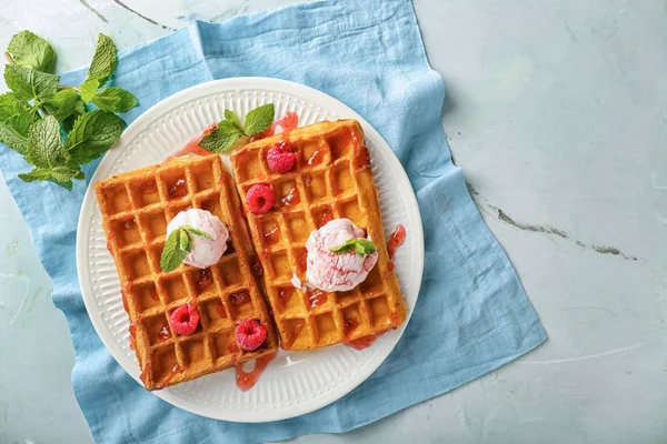 Delicious Waffles Berry Jam Ice Cream Plate — Stock Photo, Image