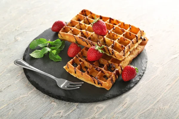 Delicious Waffles Strawberries Chocolate Sauce Slate Plate — Stock Photo, Image