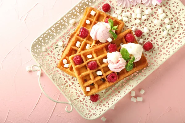 Delicious Waffles Ice Cream Raspberries Tray — Stock Photo, Image