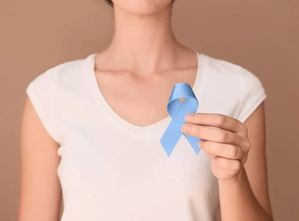 Woman Holding Blue Ribbon Color Background Prostate Cancer Awareness Concept — Stock Photo, Image