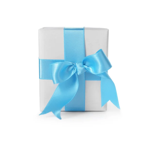 Gift box with blue ribbon on white background