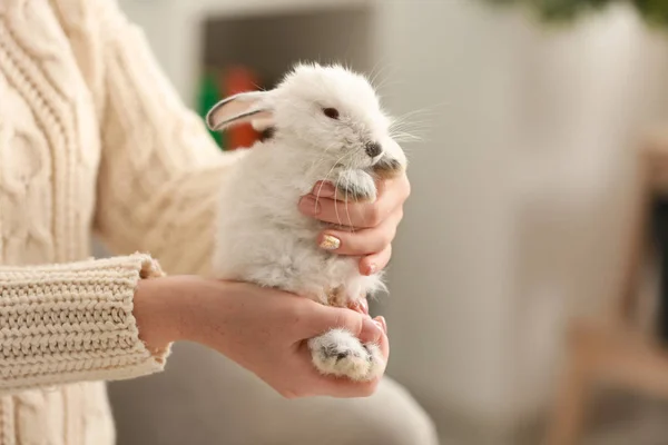 Mujer Con Lindo Conejo Esponjoso Casa Primer Plano — Foto de Stock