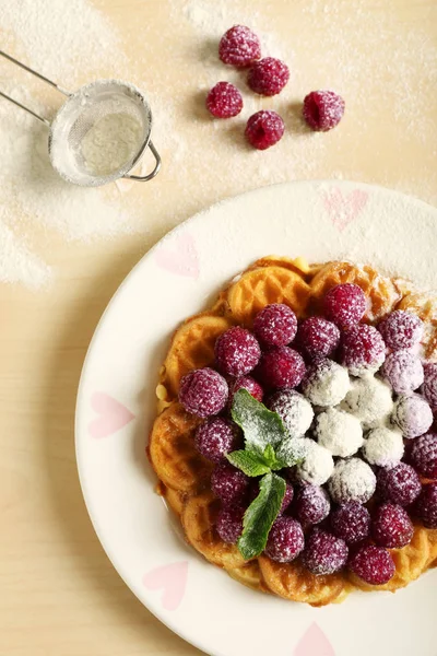 Plate Delicious Waffles Berries Wooden Table Top View — Stock Photo, Image