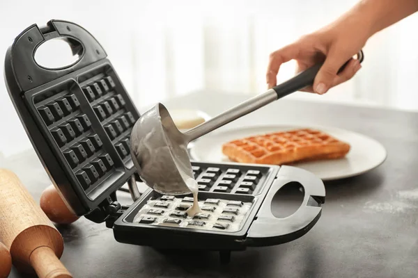 Woman Preparing Wafers Waffle Iron Home — Stock Photo, Image