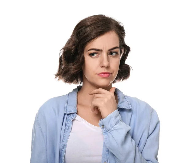 Retrato Una Joven Sospechosa Sobre Fondo Blanco —  Fotos de Stock