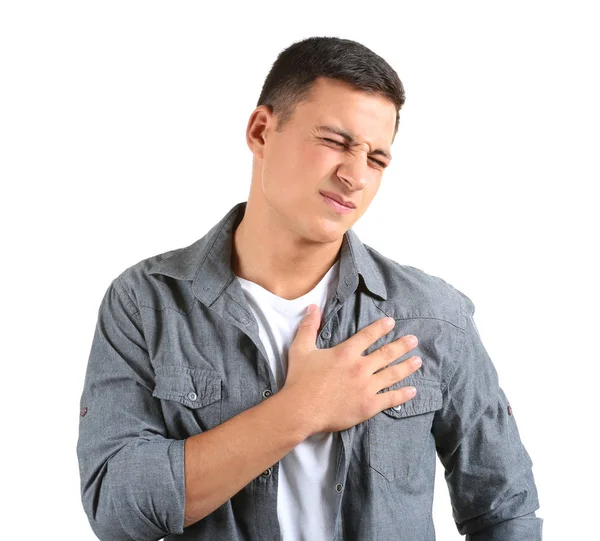 Young Man Suffering Heart Attack White Background — Stock Photo, Image