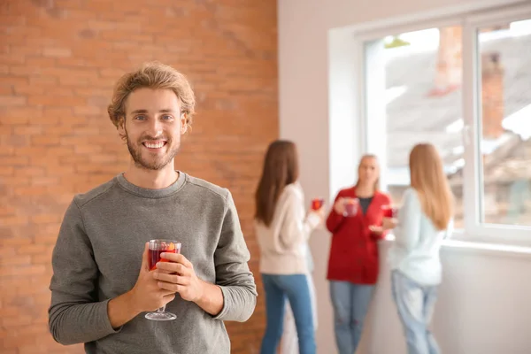 Man Drinking Delicious Mulled Wine Party — Stock Photo, Image