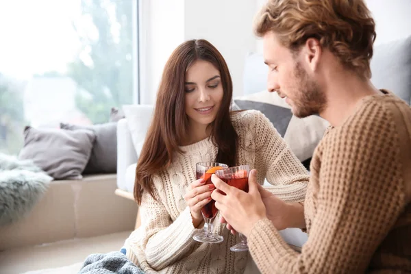 Couple Drinking Delicious Mulled Wine Home — Stock Photo, Image